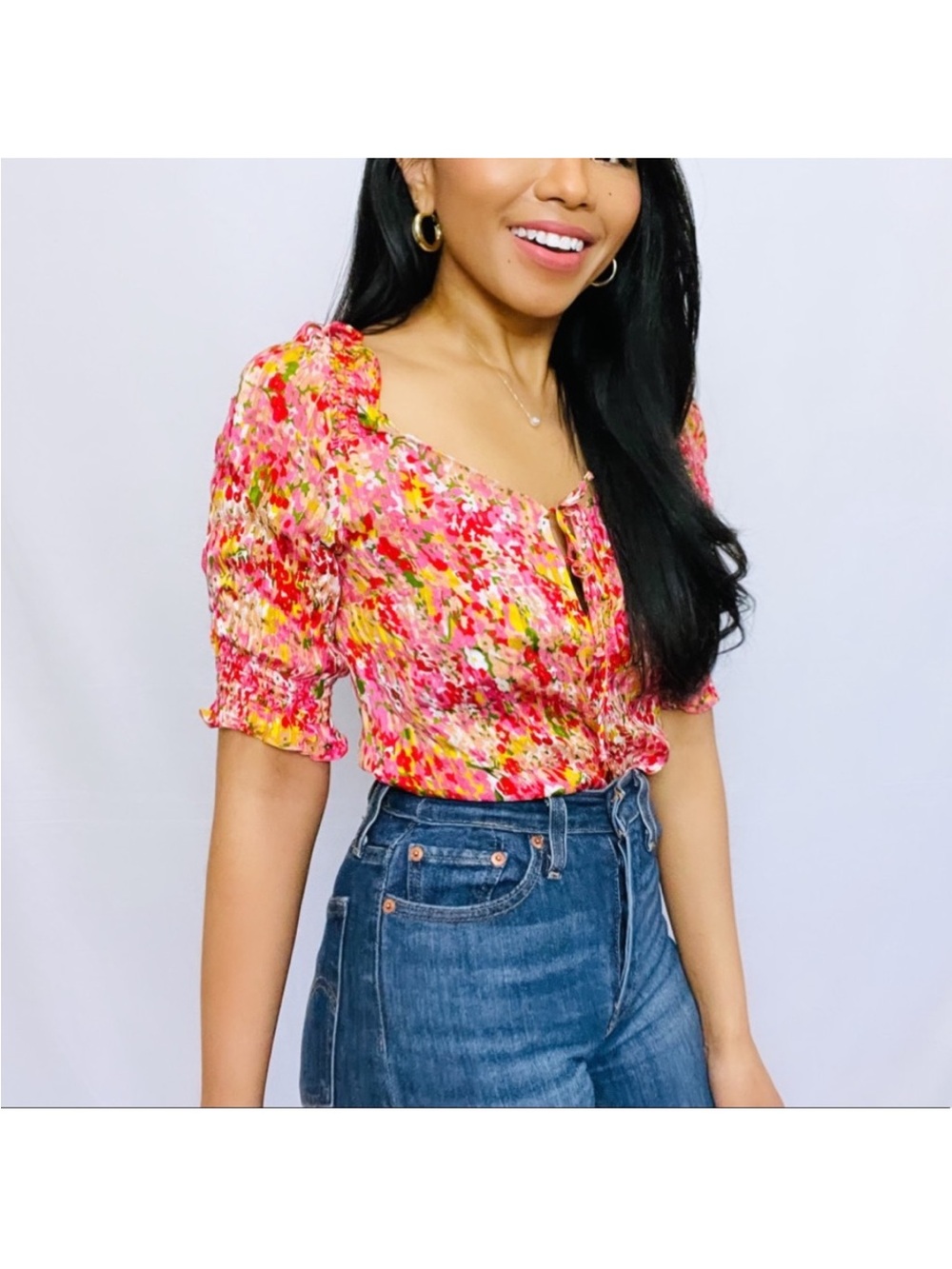 Sezane Pink Floral Square-Neck Puff Sleeve Blouse